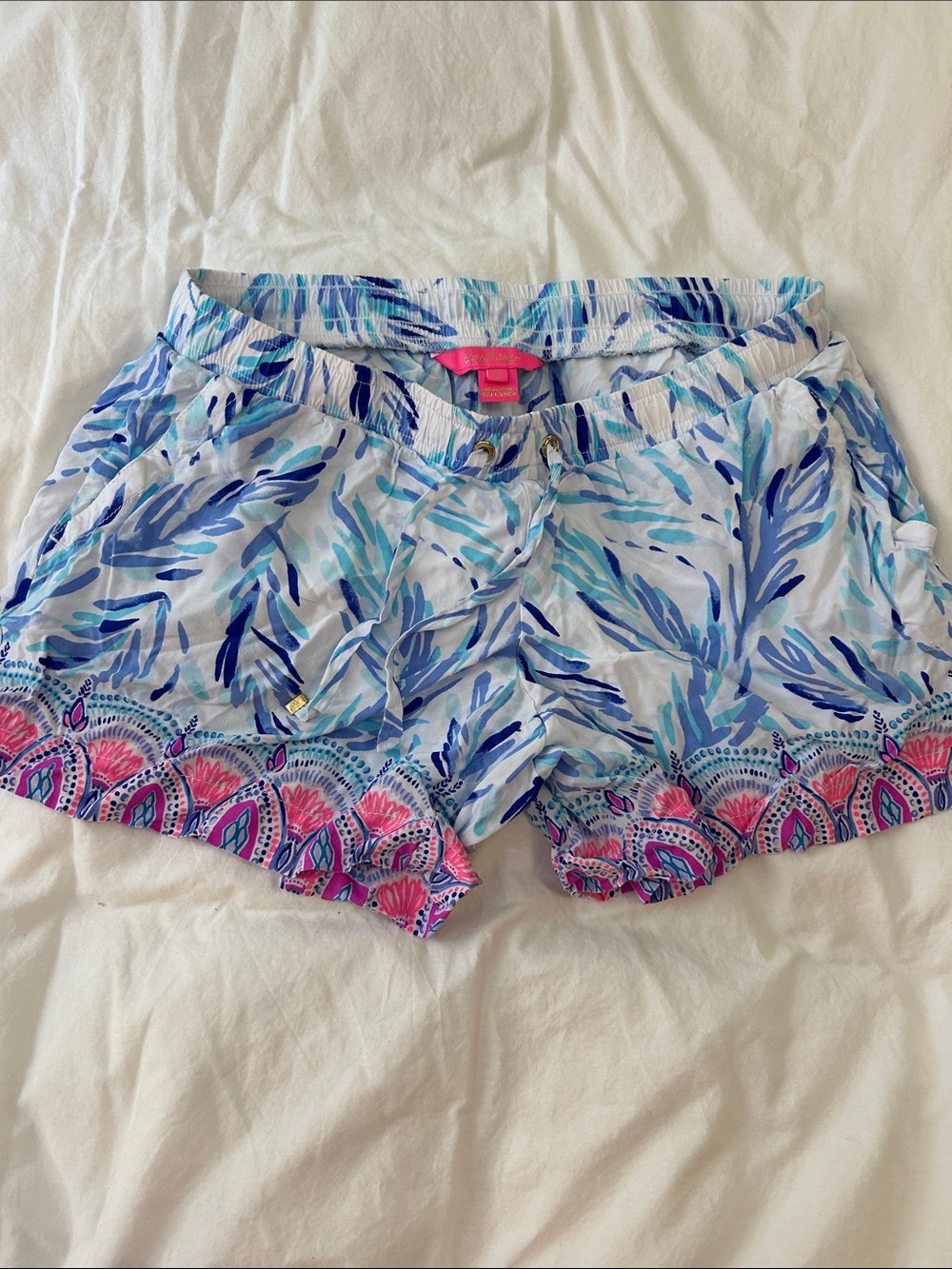 Lilly Pulitzer Light Blue Printed Shorts with Pink Border super soft!